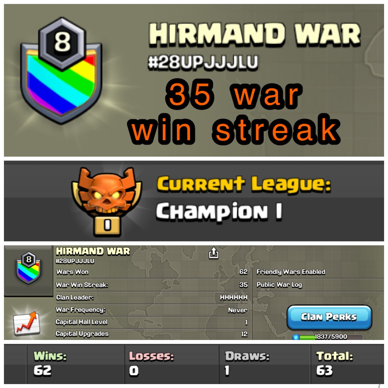 LEVEL 8 CLAN CHAMPION 1 || 35 WAR WIN STREAK NO LOSS CLAN WAR LOG 62-0 || NAME - HIRMAND WAR
