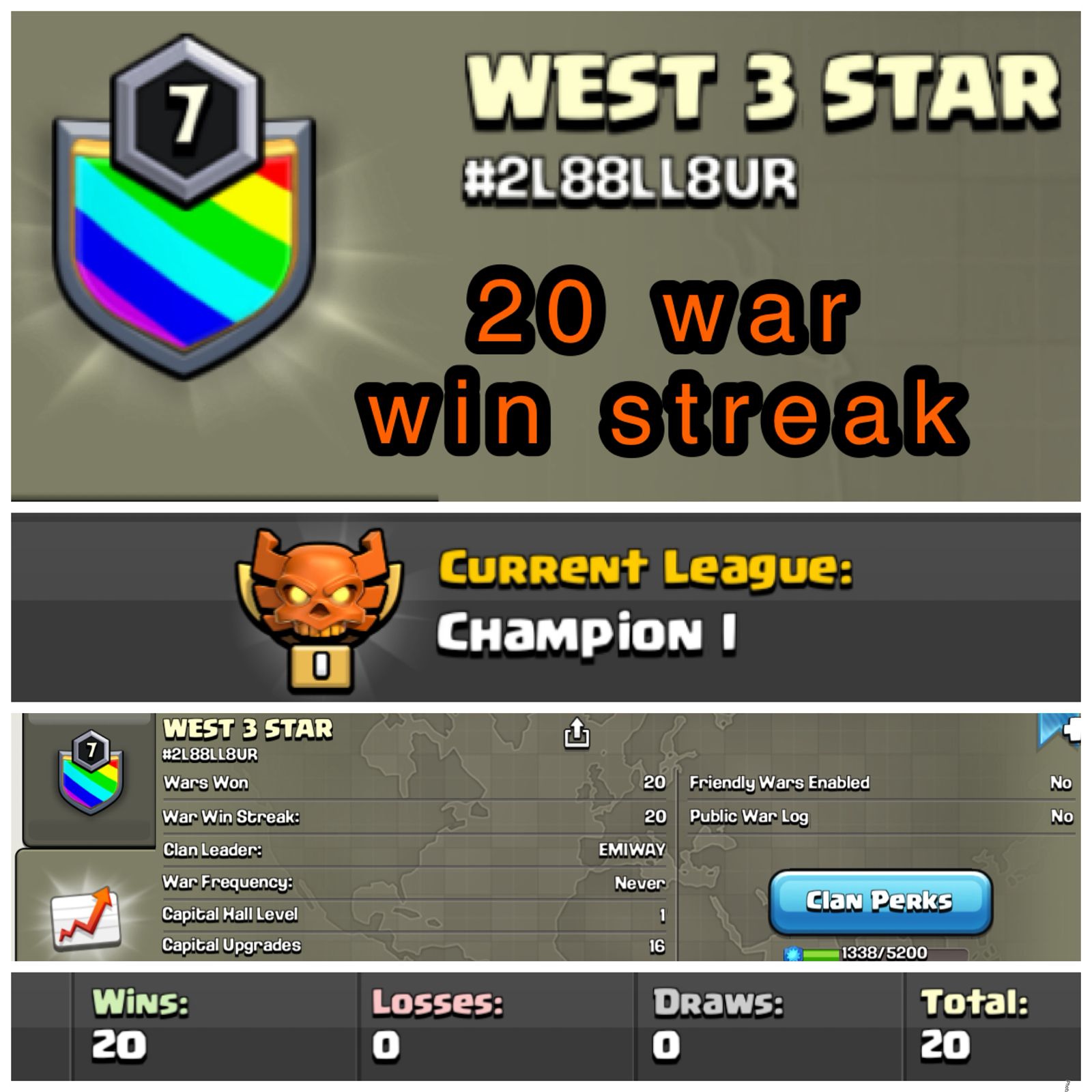 LEVEL 7 CLAN CHAMPION 1 || 20 WAR WIN STREAK NO LOSS WARLOG 20-0 || NAME - WEST 3 STAR
