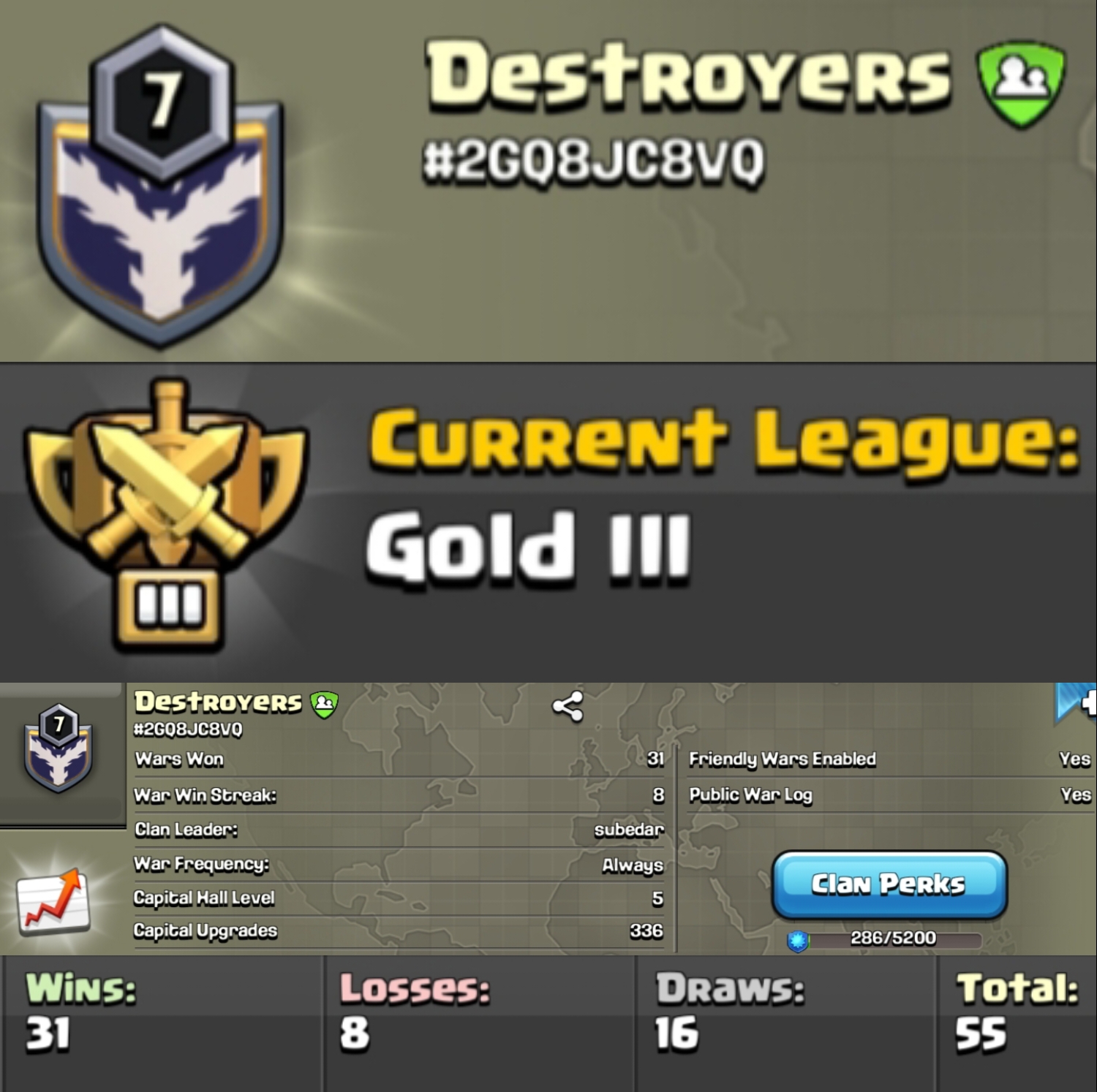 Level 7 clan || clan capital 5 || gold 3 || warlog 31-8 || war win streak 8 || name - Destroyers