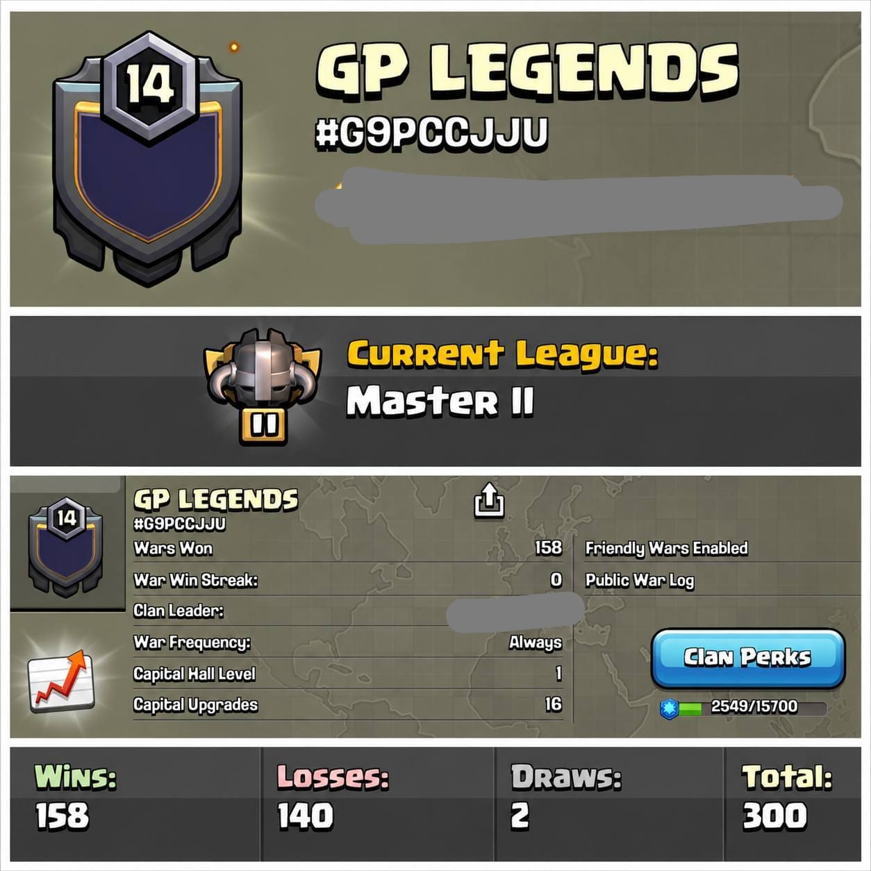 Level 14 clan || master 2 || positive warlog 158-140 || name - GP LEGENDS