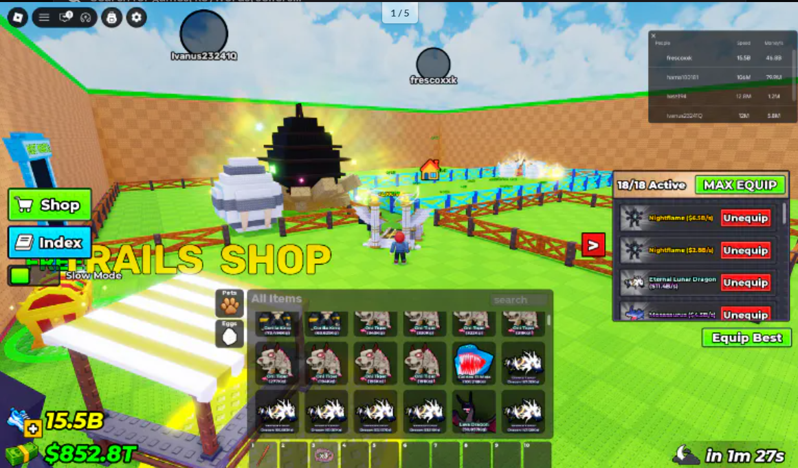 Account | Money 46B/s | 15.B Speed |2x Nightflame |11x Eternal Lunar Dragon |12x Oni Tiger |9x Gorilla King |10x Mosasaurus | Steal an Egg | Eternal & Secret