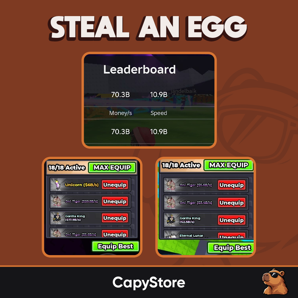 SAE 70.3B/s Money | 10.9B Speed | 18/18 Max Equip | Full Pets Included | FAST DELIVERY | CHEAP Steal An Egg