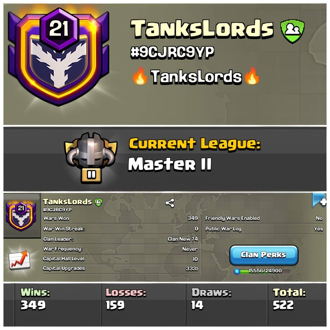 [BEST] Master League 2 Clan💥Tankslords💥Level 21💥War log {349:159:14}💥Capital Hall 10💥English Name💥Value For Money