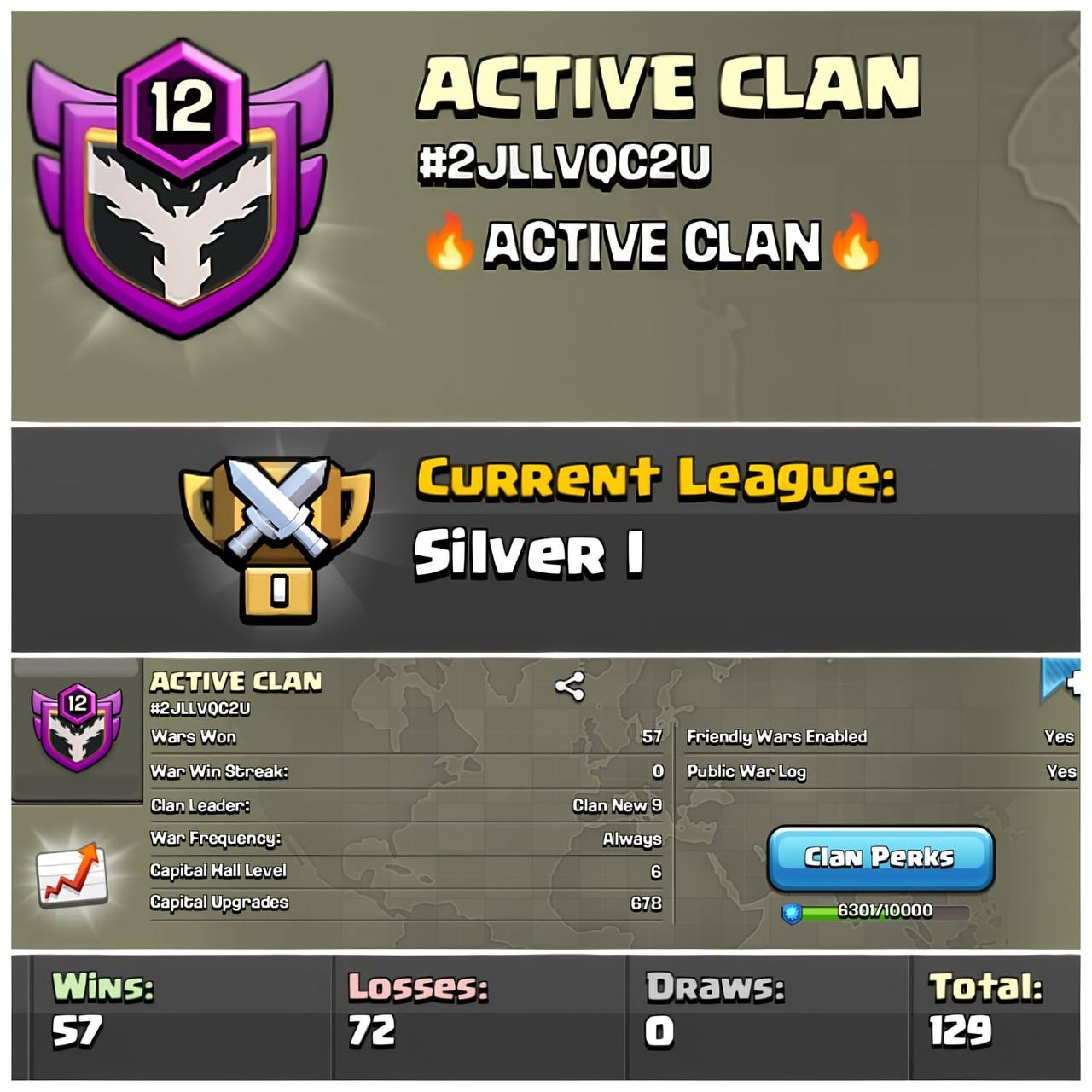 💥ACTIVE CLAN 💥Level 12💥Silver League 1💥Descent War log 💥Capital Hall 6💥Value For Money💥Fast Delivery