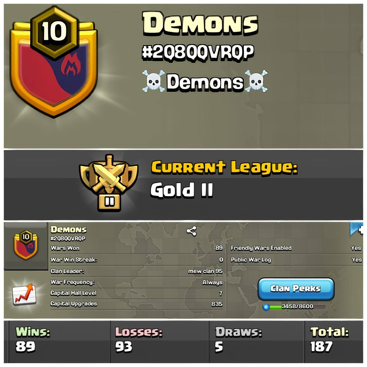 💥Demons💥Level 10💥Gold League 2💥War log {89:93}💥Capital Hall 7💥Pure English Name💥Value For Money💥Fast Delivery