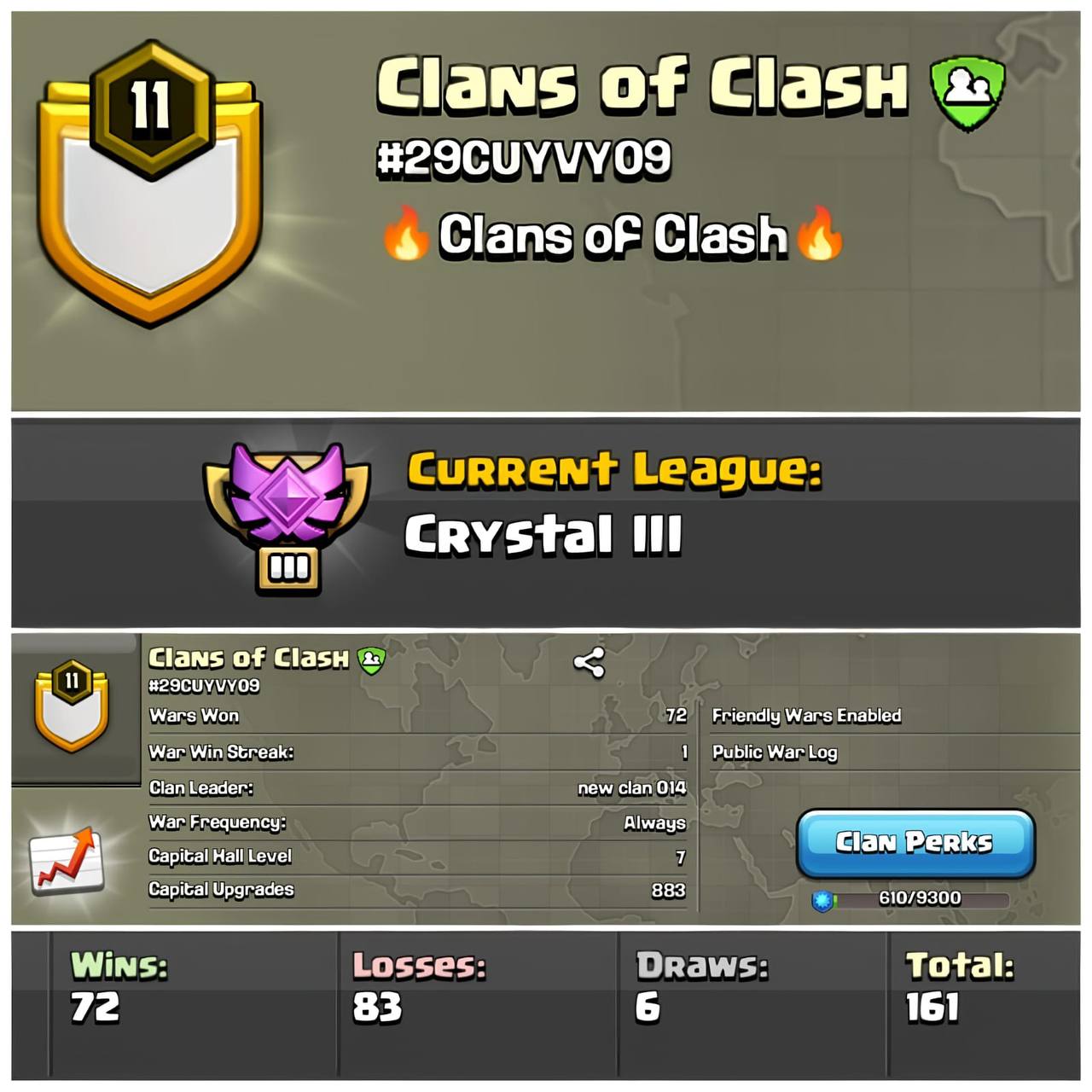 💥Clans Of Clash💥Level 11💥Crystal League 3💥War log {72:52}💥Capital Hall 7💥Pure English Name💥Value For Money💥Fast Delivery