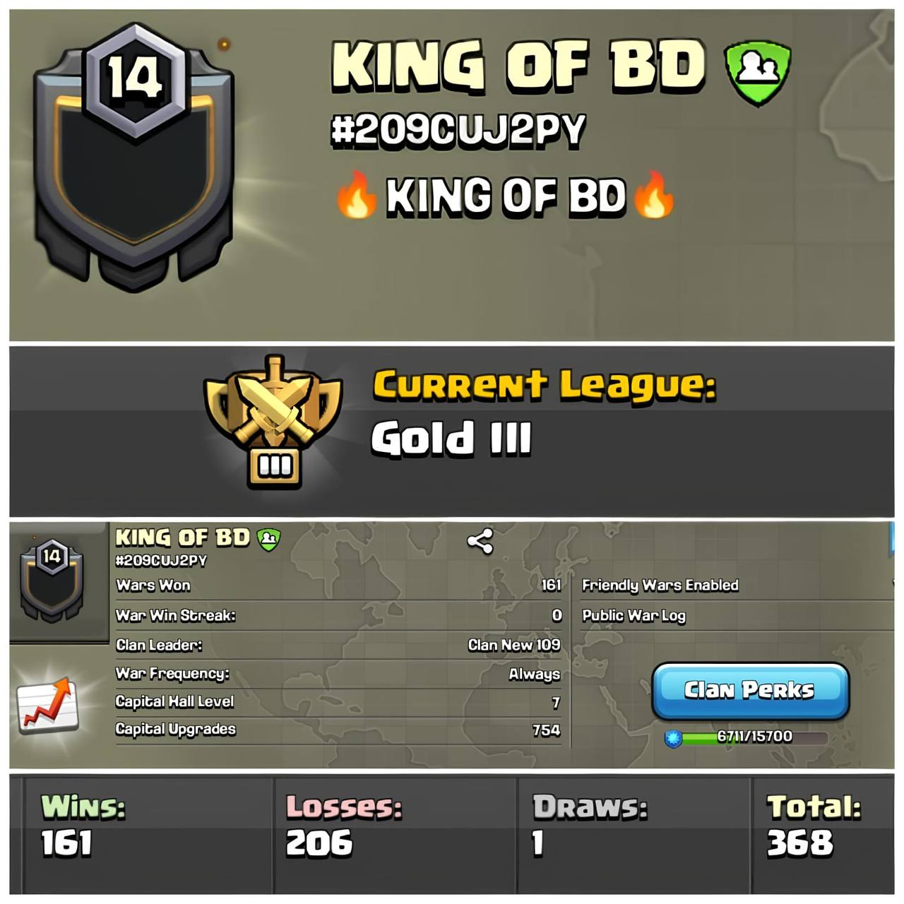 💥KING OF BD💥Level 14💥Gold League 3💥Descent War log💥Capital Hall 7💥Value For Money💥Fast Delivery