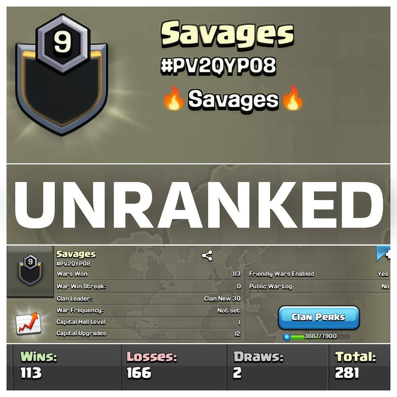 #Savages💥Level 9💥Unranked Clan💥War log {113:166}💥English Name Clan💥 Value For Money💥Fast Delivery