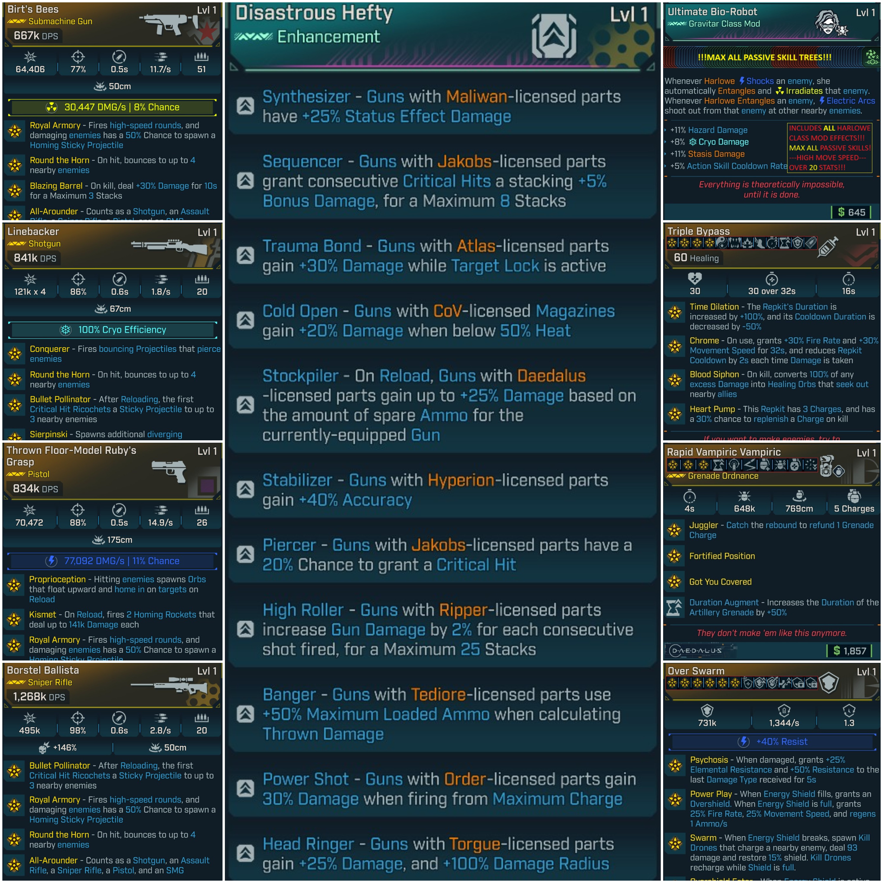 ⭐[MODDED GOD ROLL] BL4 LVL 1 HARLOWE LEVELING PACK - 9 ITEMS | ALL SKILLS MAXED⭐