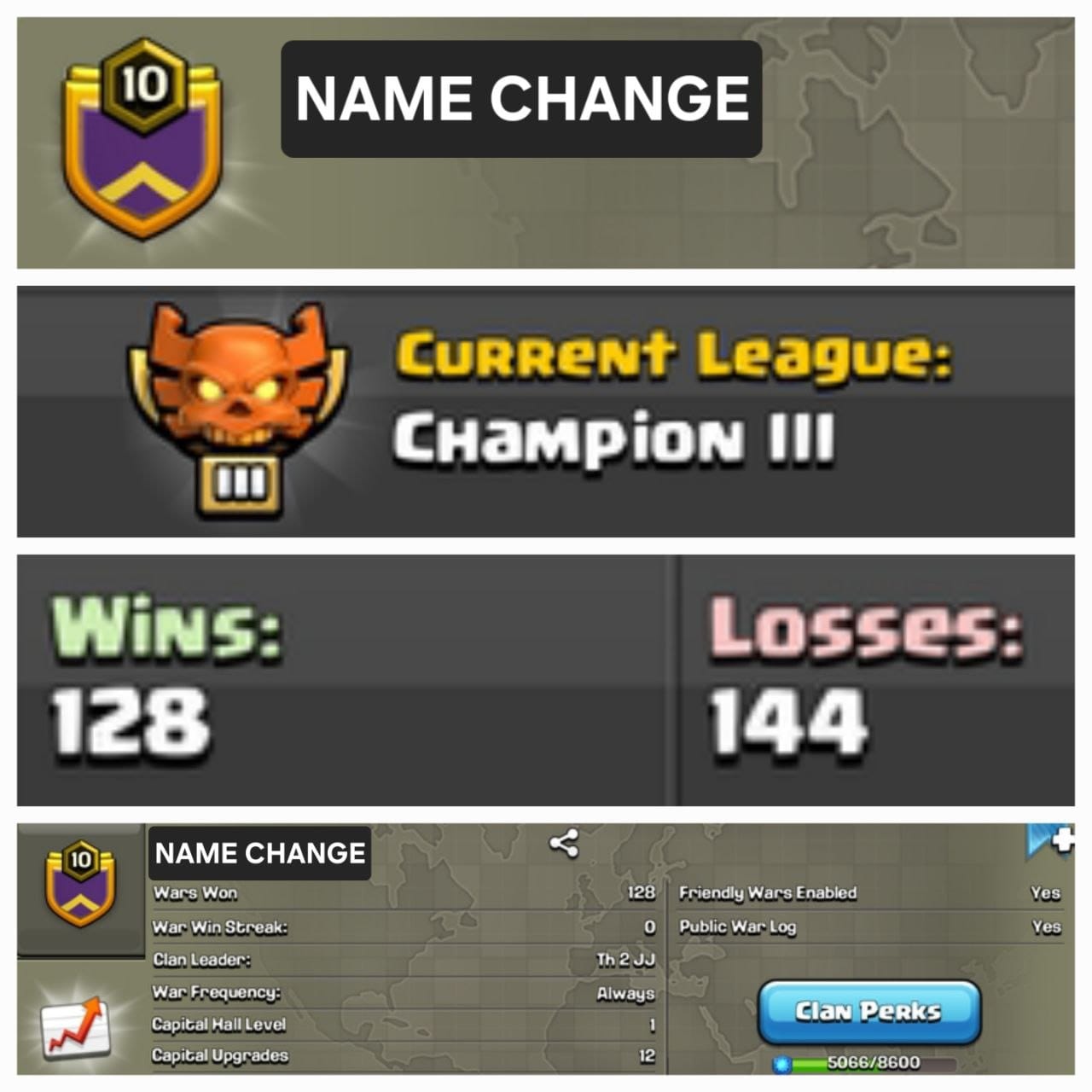 Level 10 name change clan || champion 3 || warlog 128-144