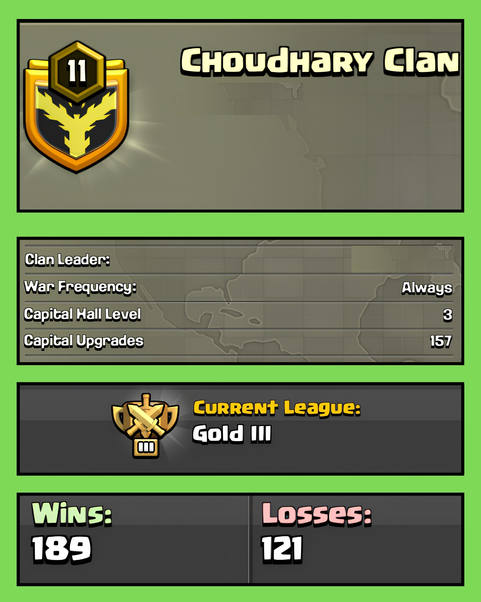 🔥 LEVEL 11 CLAN 🔥 ENGLISH NAME 🔥 CHOUDHARY CLAN 🔥 GOLD 3 🔥 CLAN CAPITAL 3 🔥 WINS 189 : LOSS 121 🔥FAST DELIVERY 🔥