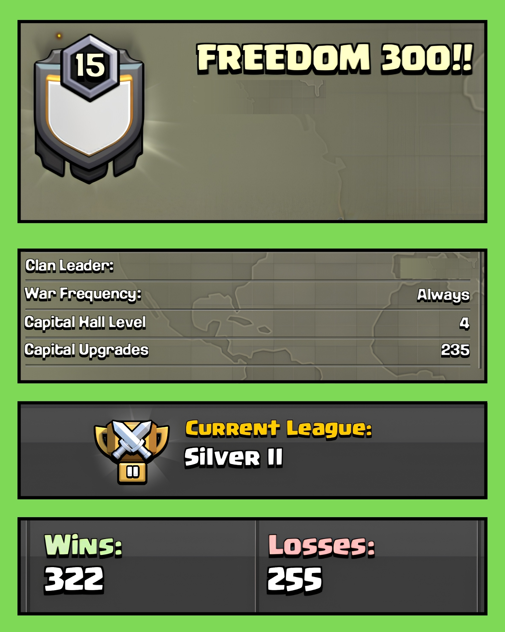 🔥 LEVEL 15 CLAN 🔥 ENGLISH NAME 🔥 FREEDOM 300!! 🔥 SILVER 2 🔥 CLAN CAPITAL 4 🔥 WINS 322 : LOSS 255 🔥 FAST DELIVERY 🔥