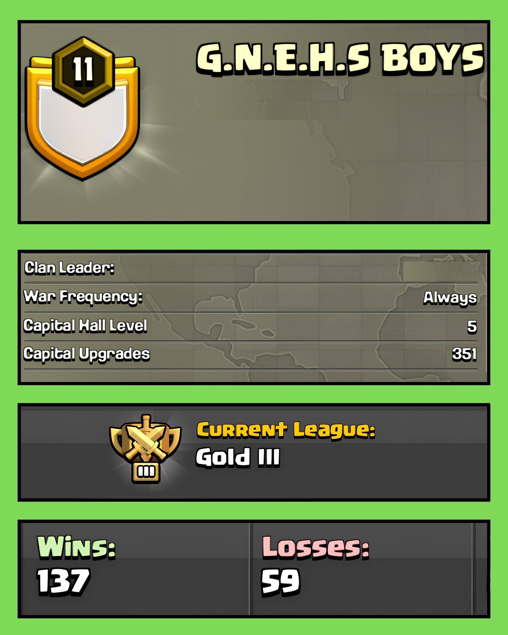 🔥 LEVEL 11 CLAN 🔥 ENGLISH NAME 🔥 G.N.E.H.S BOYS 🔥 GOLD 3 🔥 CLAN CAPITAL 5 🔥 WINS 137 : LOSS 59 🔥 FAST DELIVERY 🔥