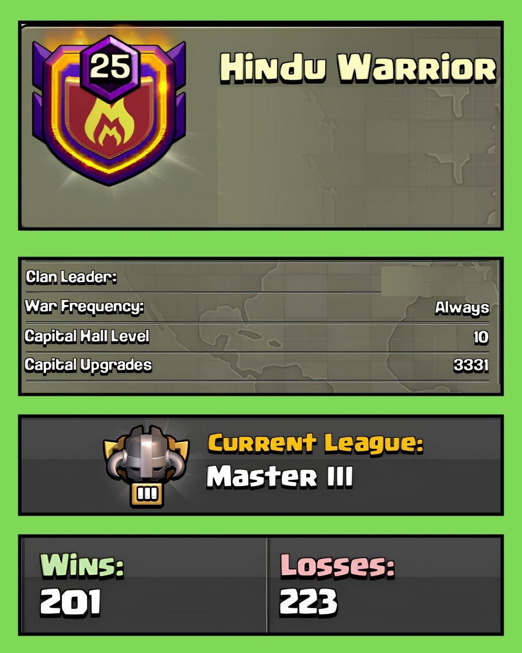 🔥 LEVEL 25 CLAN 🔥 ENGLISH NAME 🔥 HINDU WARRIOR 🔥 MASTER 3 🔥 CLAN CAPITAL 10 🔥 WINS 201 : LOSS 233 🔥 QUICK DELIVERY 🔥