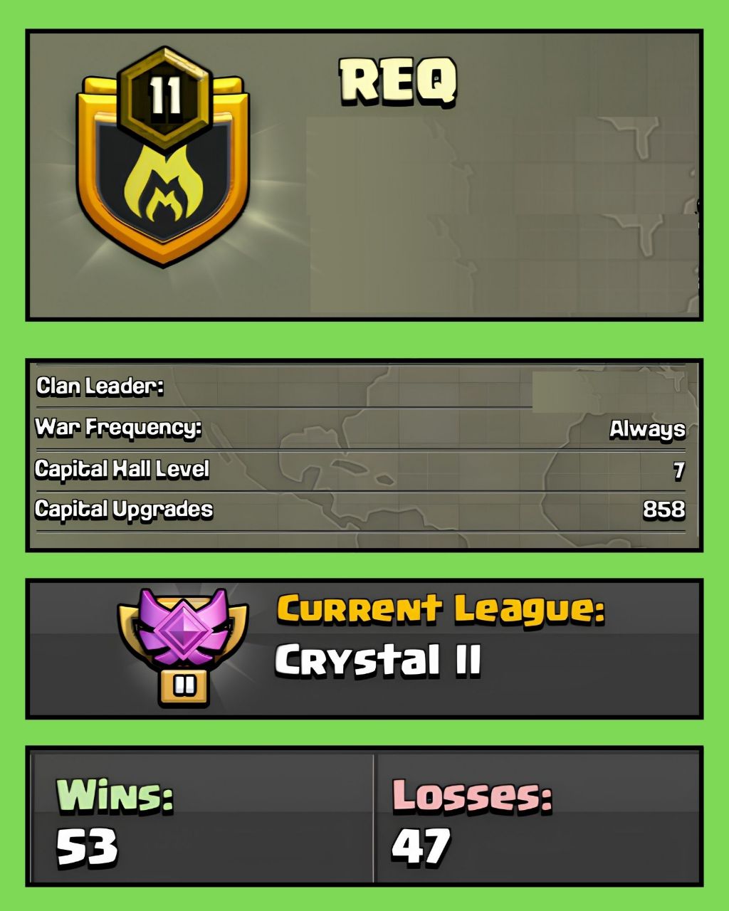 🔥 LEVEL 11 CLAN 🔥 ENGLISH NAME 🔥 REQ 🔥 CRYSTAL 2 🔥 CLAN CAPITAL 7 🔥 WINS 53 : LOSS 47 🔥 QUICK DELIVERY 🔥