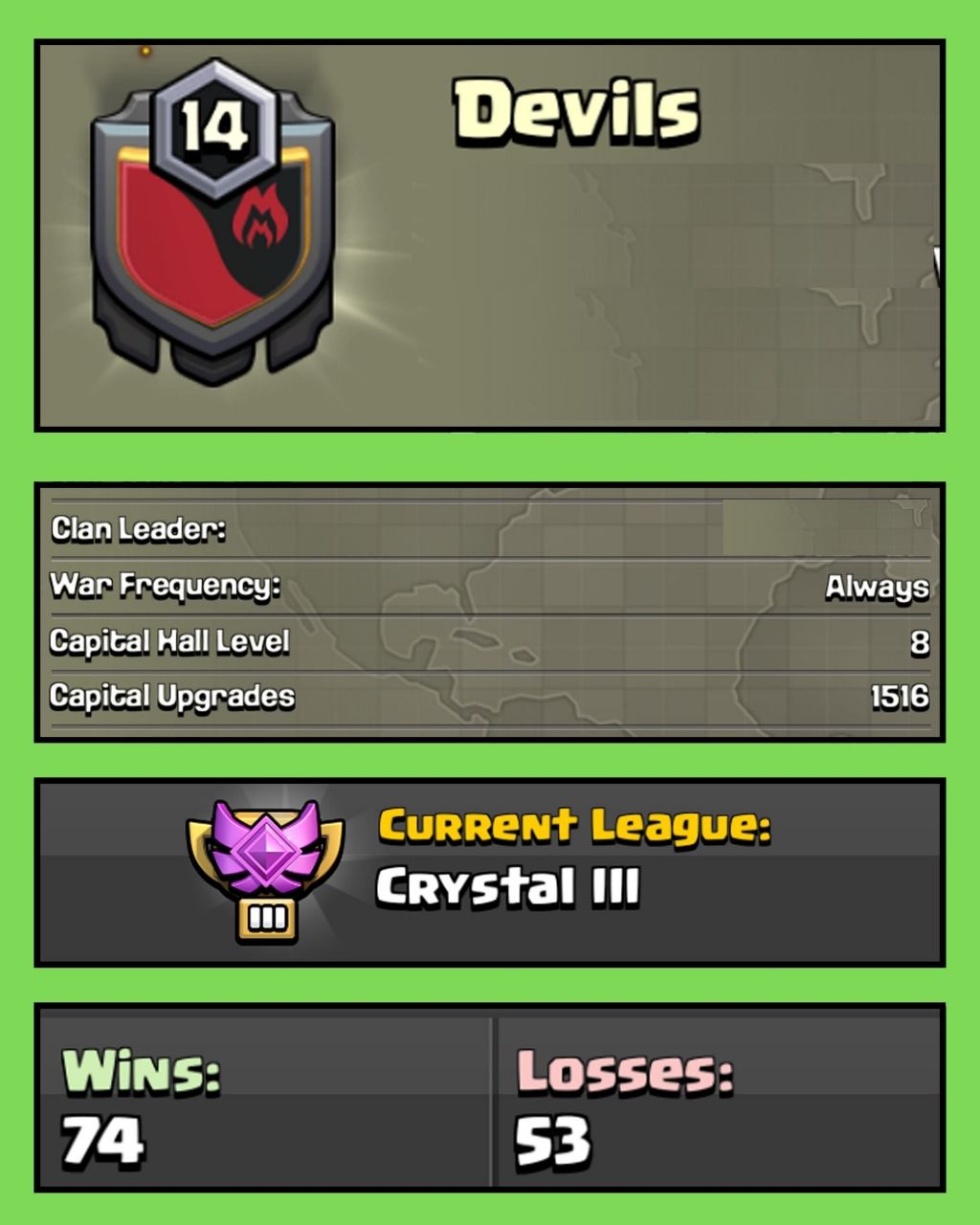 🔥 LEVEL 14 CLAN 🔥 ENGLISH NAME 🔥 DEVIL 🔥 CRYSTAL 3 🔥 CLAN CAPITAL 8 🔥 WINS 74 : LOSS 53 🔥 QUICK DELIVERY 🔥