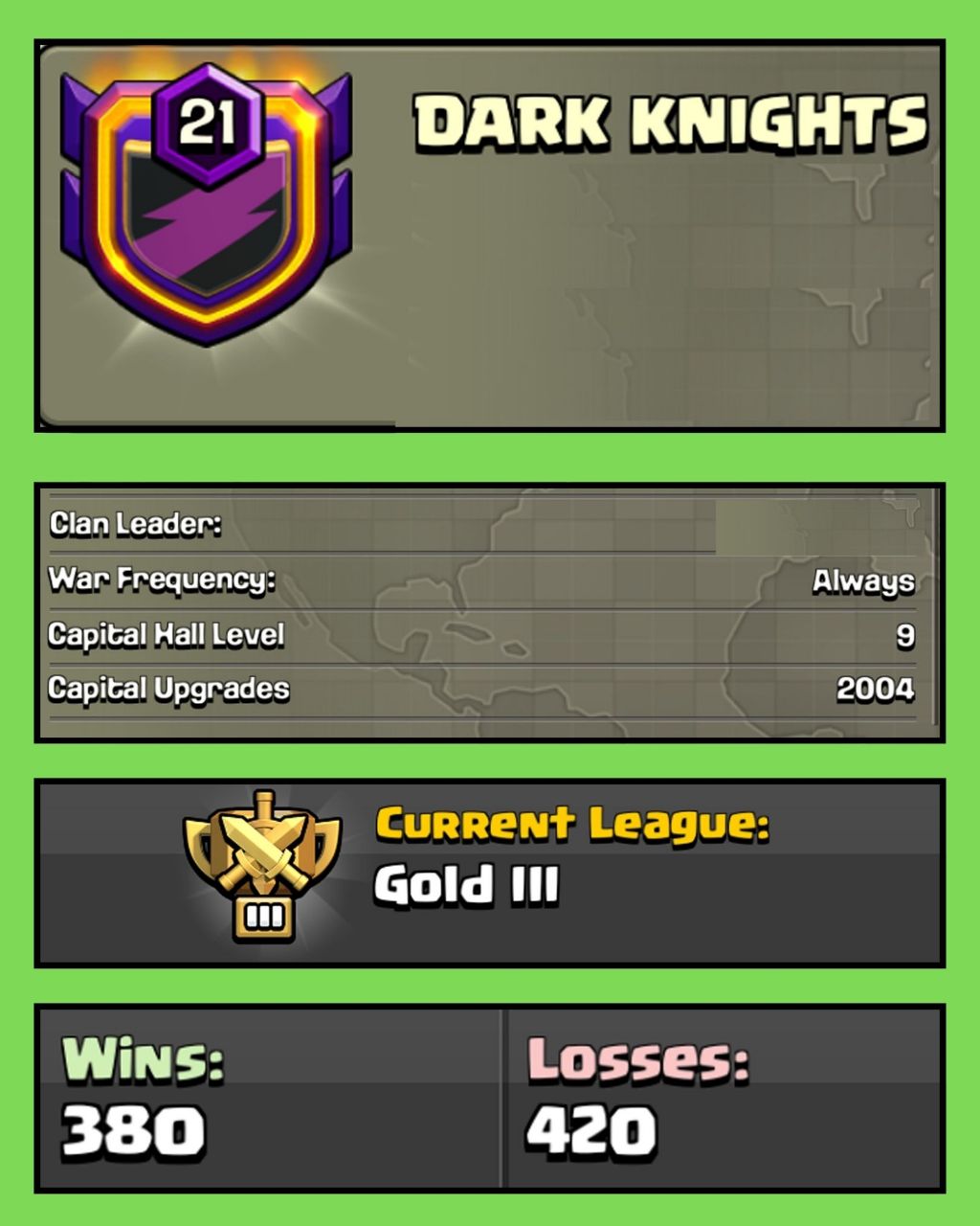 🔥 LEVEL 21 CLAN 🔥 ENGLISH NAME 🔥 DARK KNIGHTS 🔥 GOLD 3 🔥 CLAN CAPITAL 9 🔥 WINS 380 : LOSS 420 🔥 QUICK DELIVERY 🔥