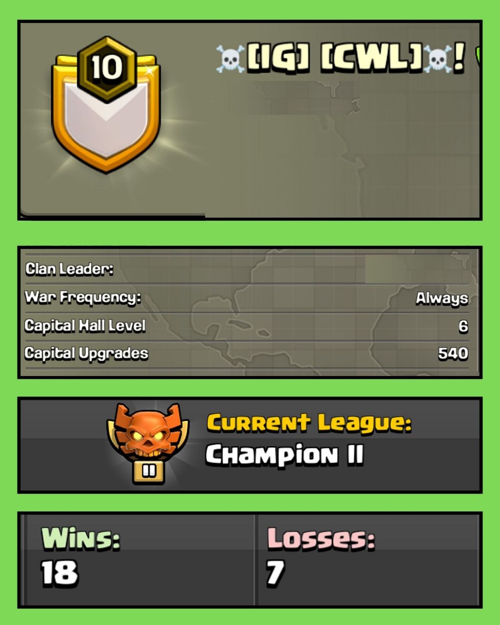🔥 LEVEL 10 CLAN 🔥 ENGLISH NAME 🔥 ☠️[IG] [CWL]☠️! 🔥 CHAMPION 2🔥 CLAN CAPITAL 6 🔥 WINS 18 : LOSS 7 🔥 QUICK DELIVERY 🔥