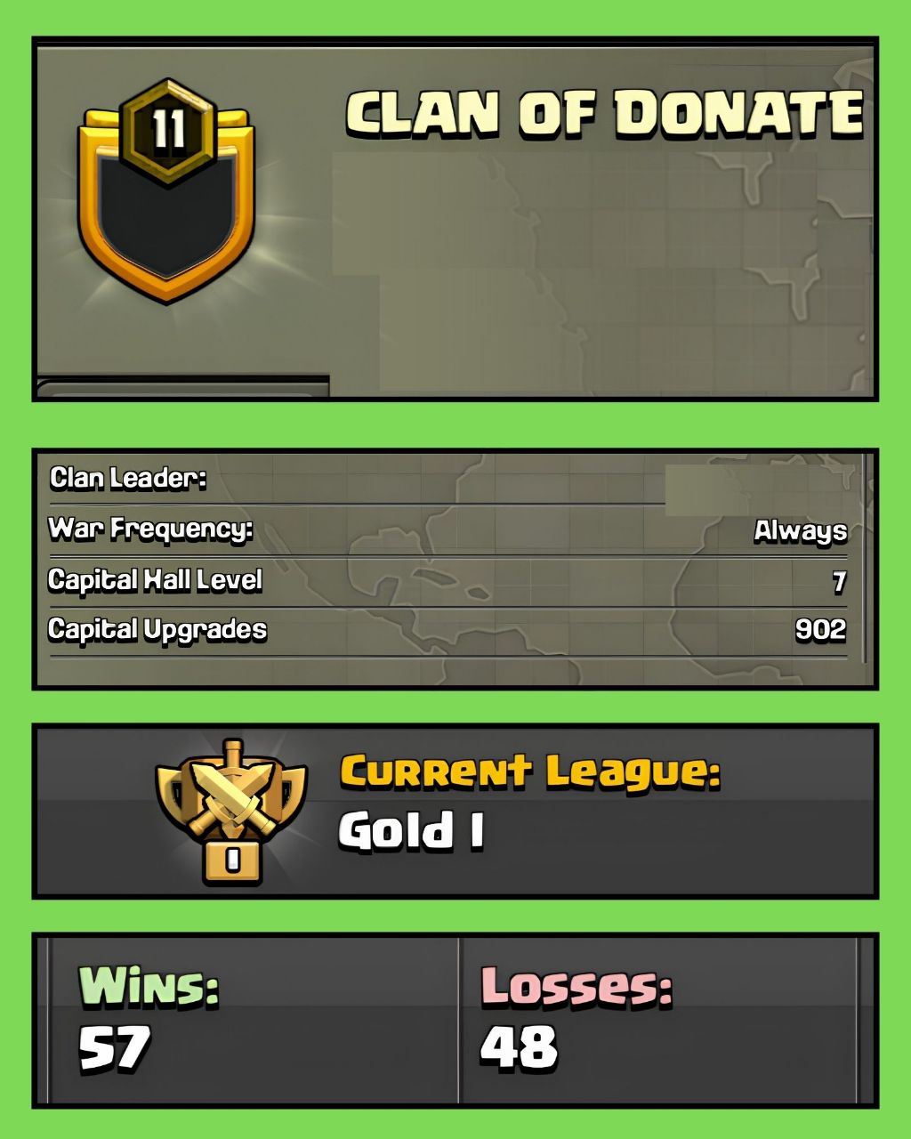 🔥 LEVEL 11 CLAN 🔥 ENGLISH NAME 🔥 CLAN OF DONATE 🔥 GOLD 1 🔥 CLAN CAPITAL 7 🔥 WINS 57 : LOSS 47 🔥 QUICK DELIVERY 🔥
