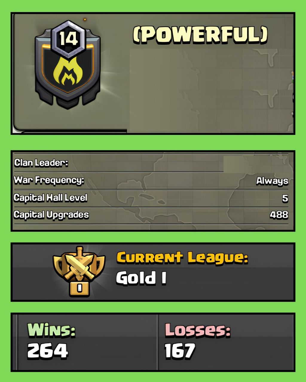 🔥 LEVEL 14 CLAN 🔥 ENGLISH NAME 🔥 (POWERFUL) 🔥 GOLD 1 🔥 CLAN CAPITAL 5 🔥 WINS 264 : LOSS 167 🔥 QUICK DELIVERY 🔥