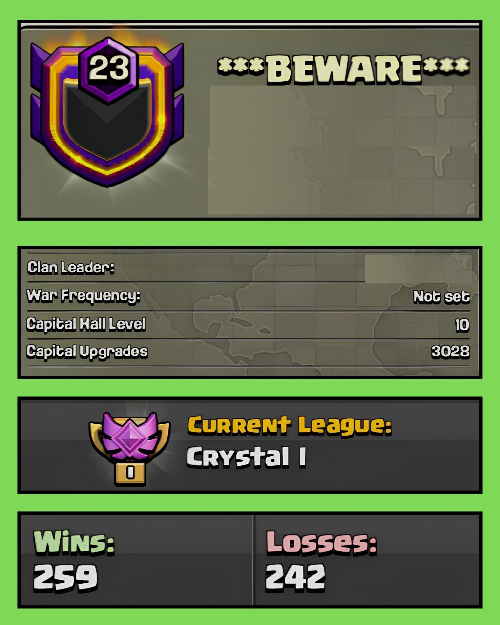 🔥 LEVEL 23 CLAN 🔥 ENGLISH NAME 🔥 *BEWARE* 🔥 CRYSTAL 1 🔥 CLAN CAPITAL 10 🔥 WINS 259 : LOSS 242 🔥QUICK DELIVERY 🔥