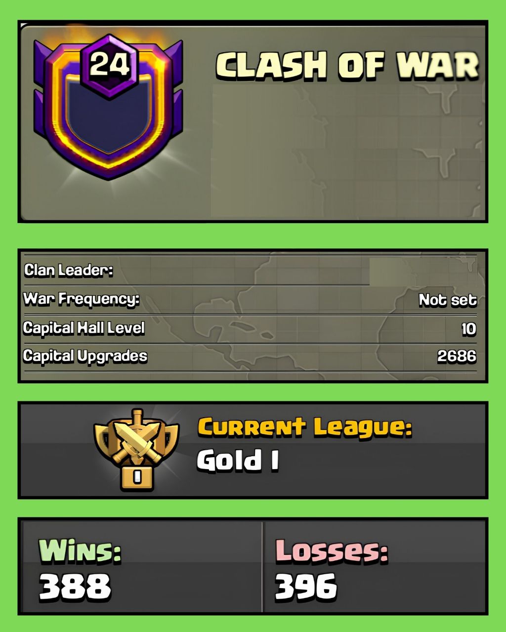🔥 LEVEL 24 CLAN 🔥 ENGLISH NAME 🔥 CLASH OF WAR 🔥 GOLD 1 🔥 CLAN CAPITAL 10 🔥 WINS 388 : LOSS 396 🔥QUICK DELIVERY 🔥