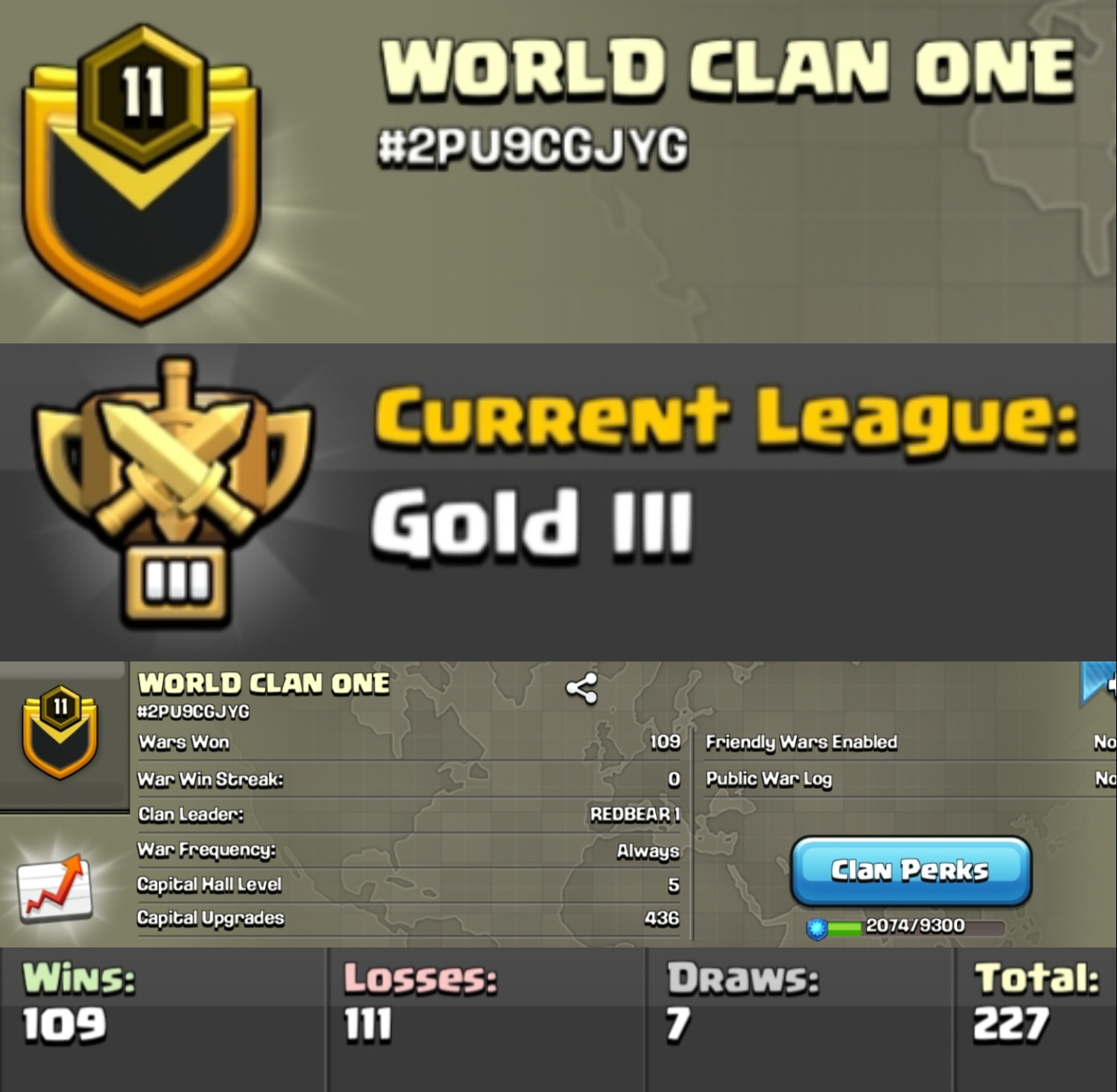 Level 11 clan || clan capital 5 || gold 3 || name - WORLD CLAN ONE