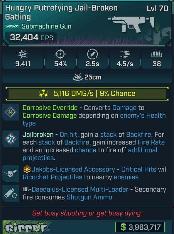 ⭐[GOD ROLL] L70 JAIL-BROKEN GATLING (RADIATION) - CORROSIVE CONVERT - SEE IMAGE FOR STATS⭐