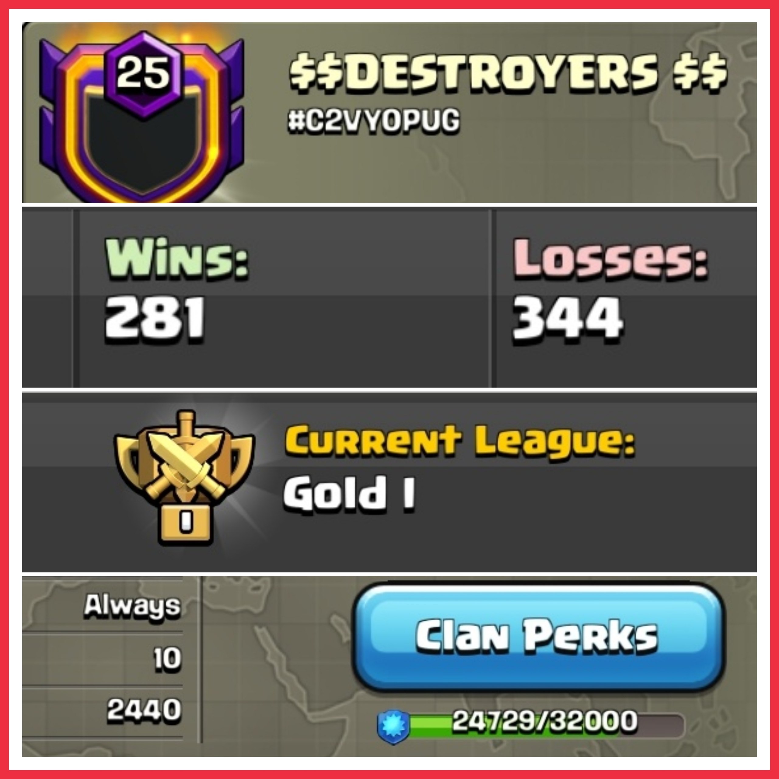 🔥 NAME - $$ DESTROYERS $$ ⚡ LEVEL 25 ⭐ GOLD 1 🎯 CC 10  🥰 281:344 WAR LOG 🔥 INTERNATIONAL CLAN ✨ CHEAP DEAL ‼️ INSTANT DELIVERY ✅