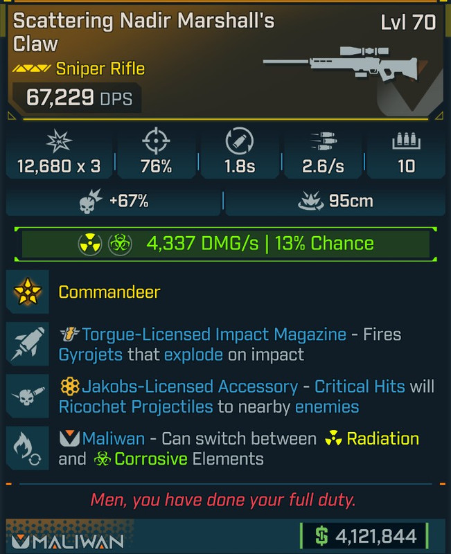⭐[GOD ROLL] L70 MARSHALL'S CLAW (RADIATION/CORROSIVE) - SEE IMAGE FOR STATS⭐