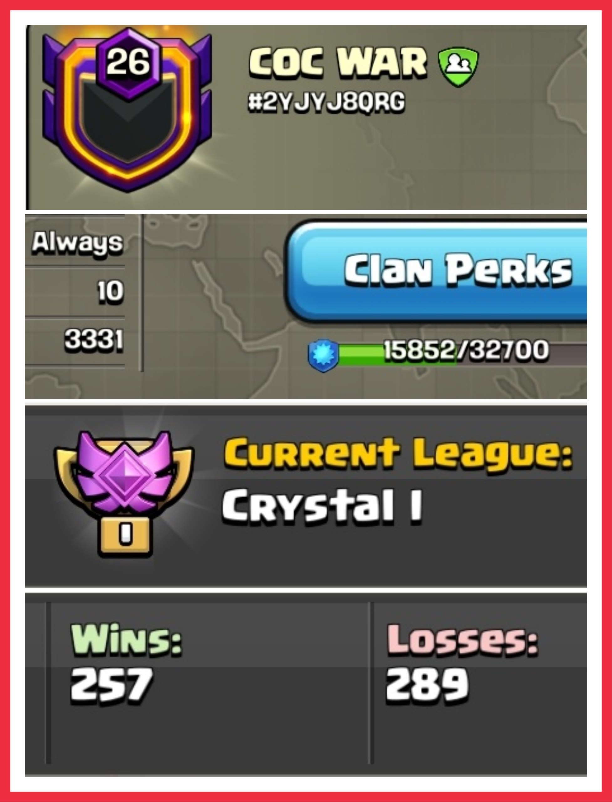 ‼️ NAME - COC WAR ‼️ LEVEL 26 ‼️ CRYSTAL 1‼️ CC 10 MAX ‼️ 257:289 WAR LOG ‼️ INSTANT DELIVERY ✅