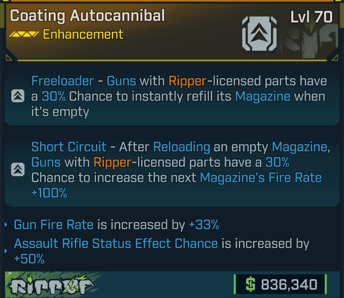 ⭐[META ROLL] L70 AUTOCANNIBAL (GUN FIRE RATE+AR STATUS CHANCE) - SEE IMAGE FOR STATS⭐