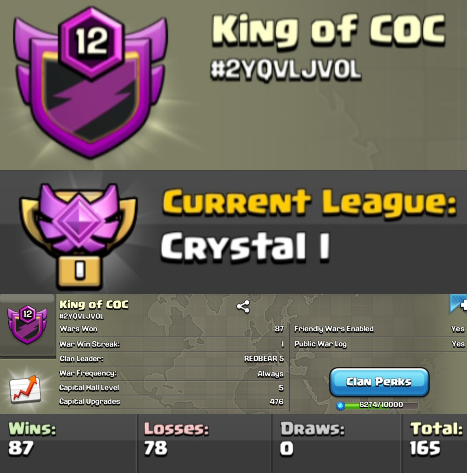 Level 12 clan || clan capital 5 || crystal 1 || warlog 87-78 || name - King of COC