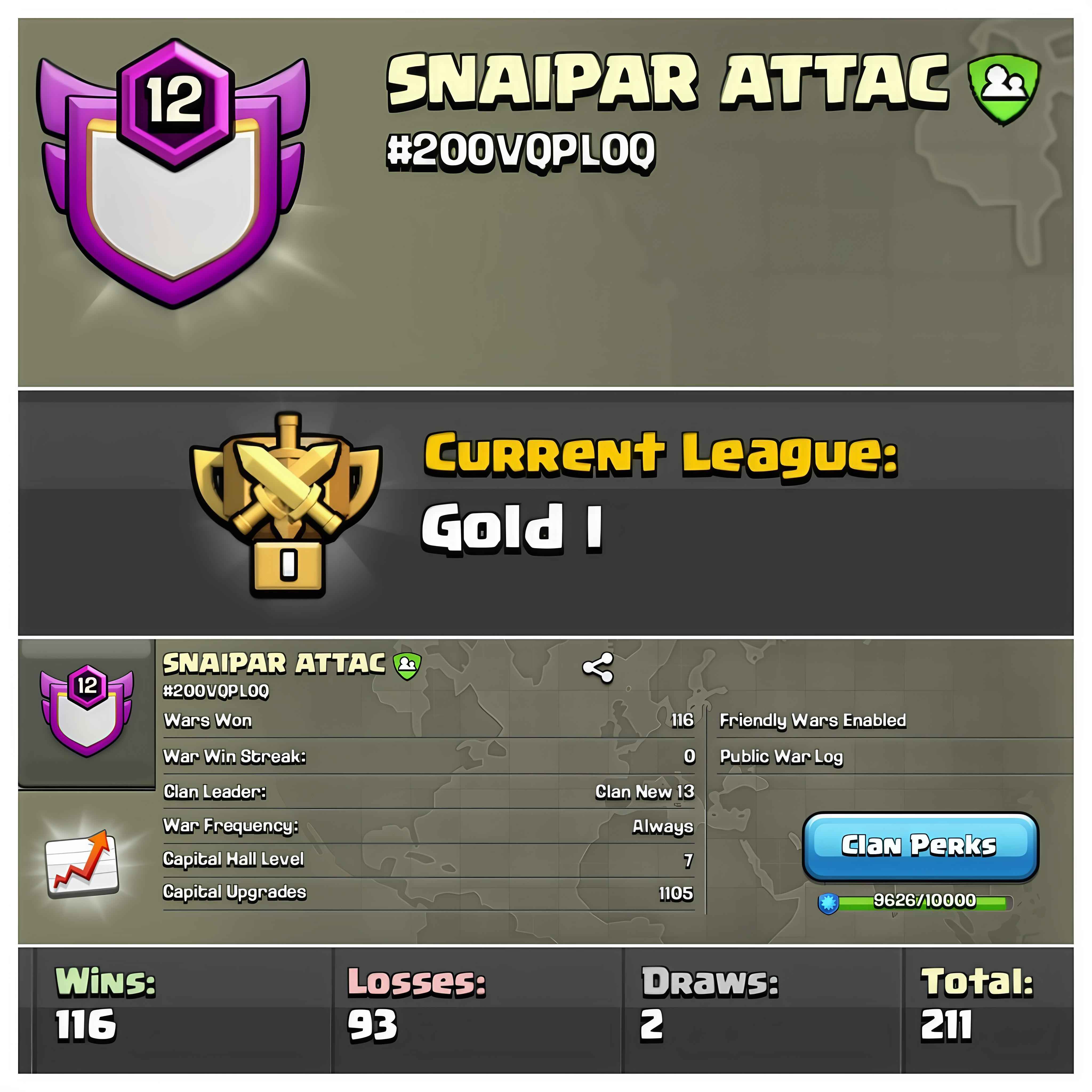 Best Lvl 12 Clan | Gold League 1 | Wins 116 Losses 93 | Clan Capital 7 | Value for Money Deal!
