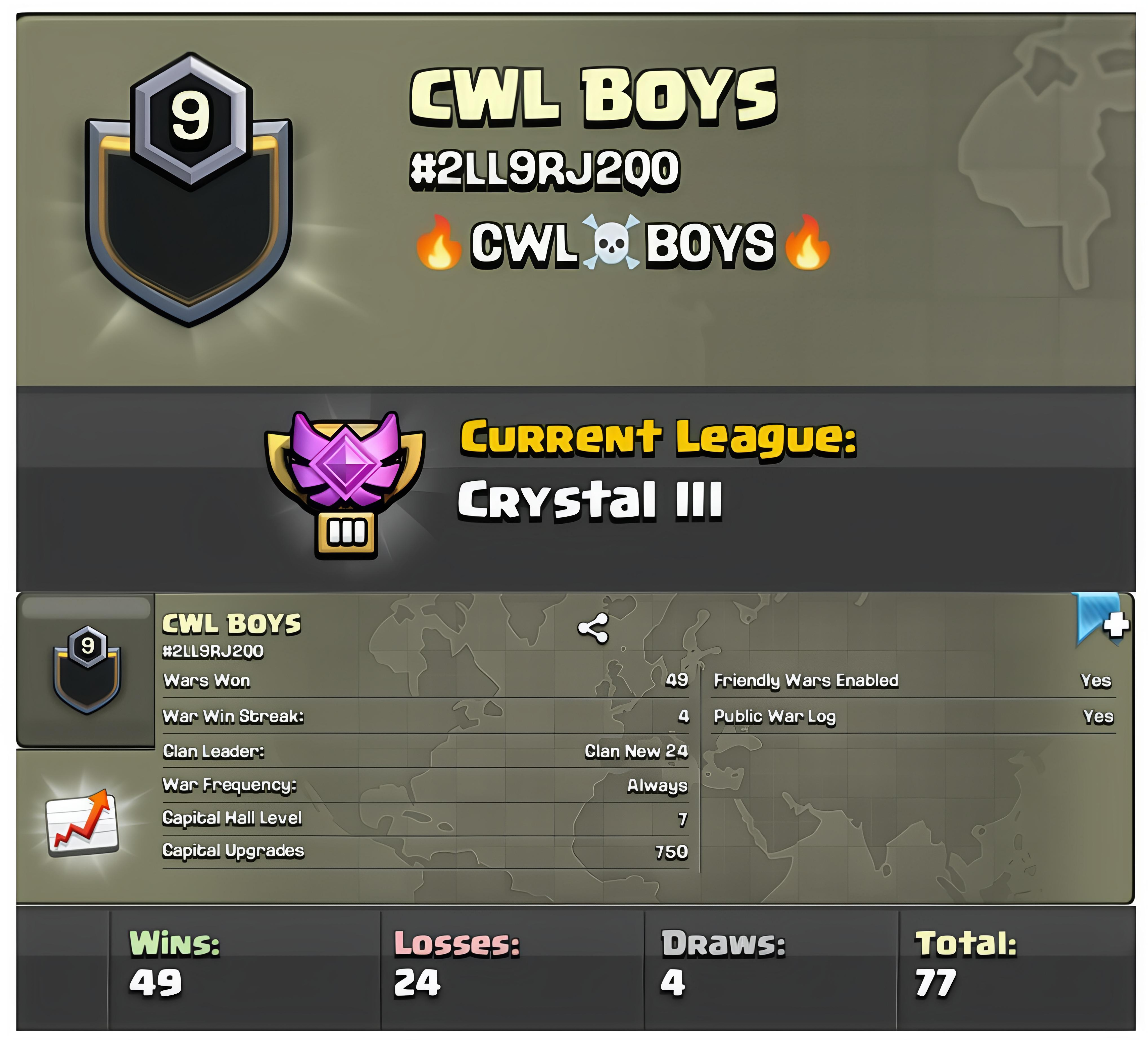 CWL Boys | Crystal League 3 | Lvl 9 Clan | Wins 49 Losses 24 | Clan Capital 7 | Value for Money Deal!