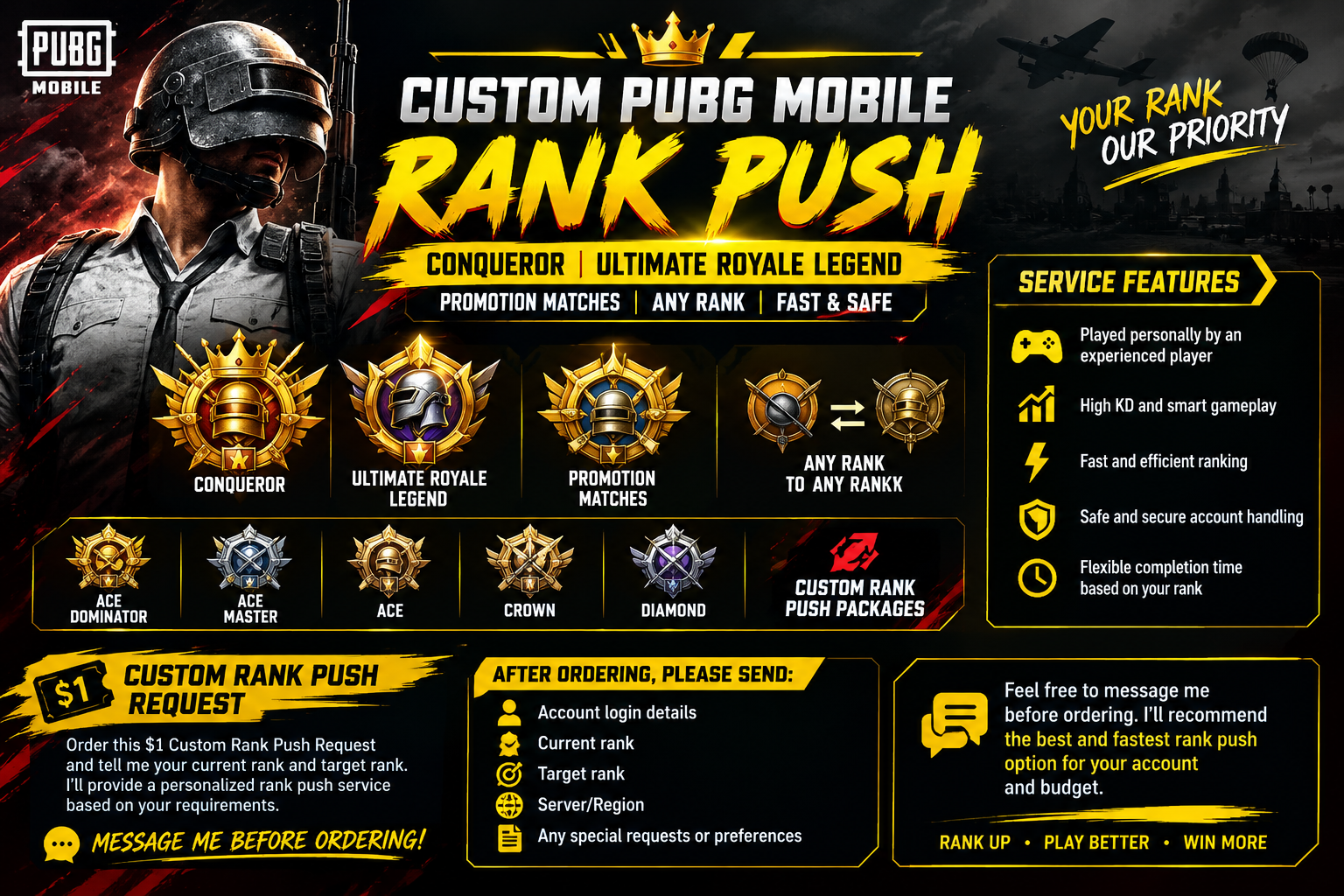 👑🔥 CUSTOM PUBG MOBILE RANK PUSH | CONQUEROR | ULTIMATE ROYALE LEGEND | PROMOTION MATCHES | ANY RANK | FAST & SAFE 🔥👑