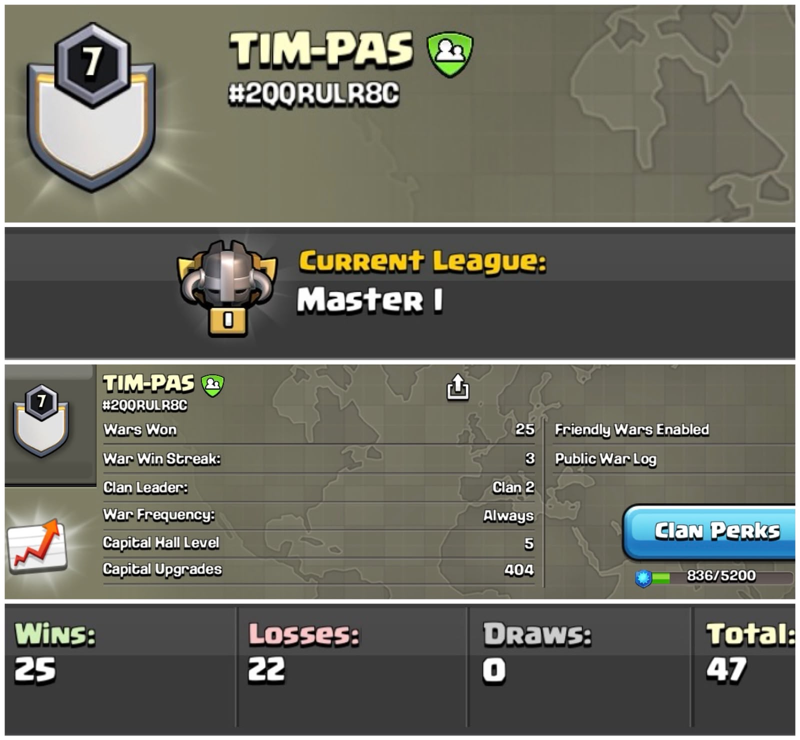 Level 7 clan || master 1 || clan capital 5 || warlig25-22 || name - TIM-PAS