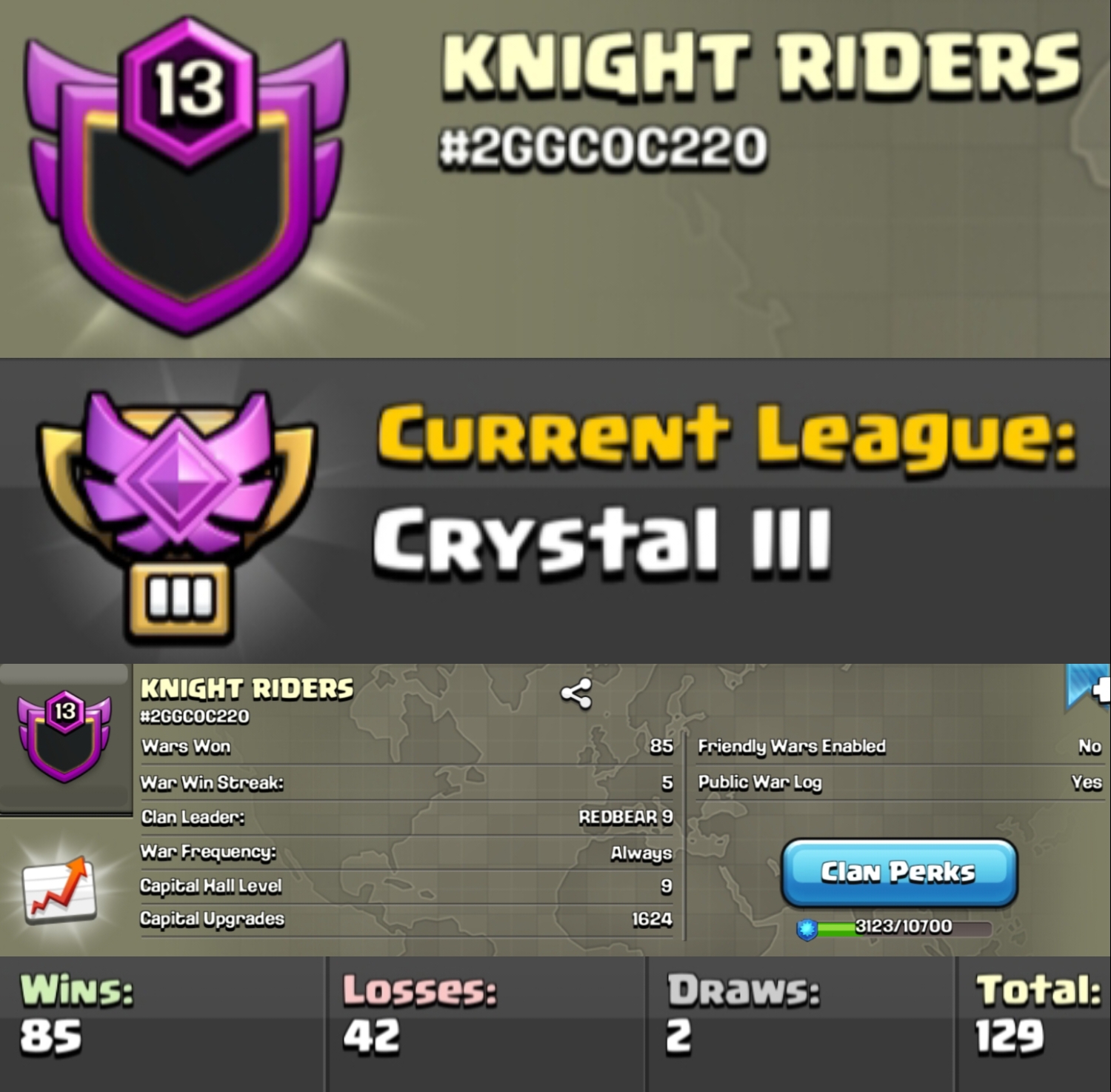Level 13 clan || clan capital 9 || crystal 3 || warlog 85-42 || name - KNIGHT RIDERS
