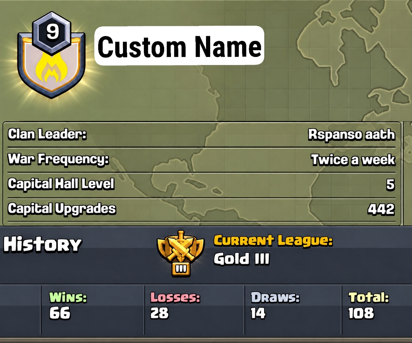 Name Change Clan | Lvl 9 | Buyer choice name | Gold 3 | Capital 5 | War Win - 66 , Loss 28