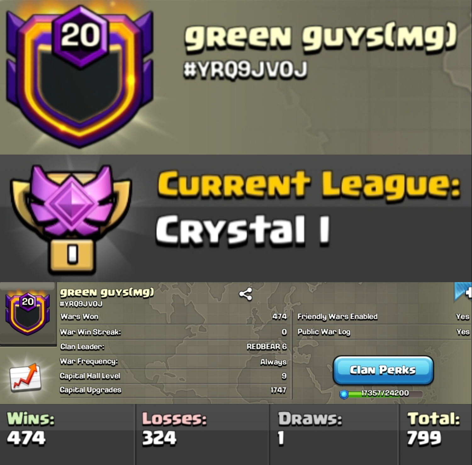 Level 20 clan || clan capital 9 || crystal 1 || warlog 474-324 || name - green guys(mg)