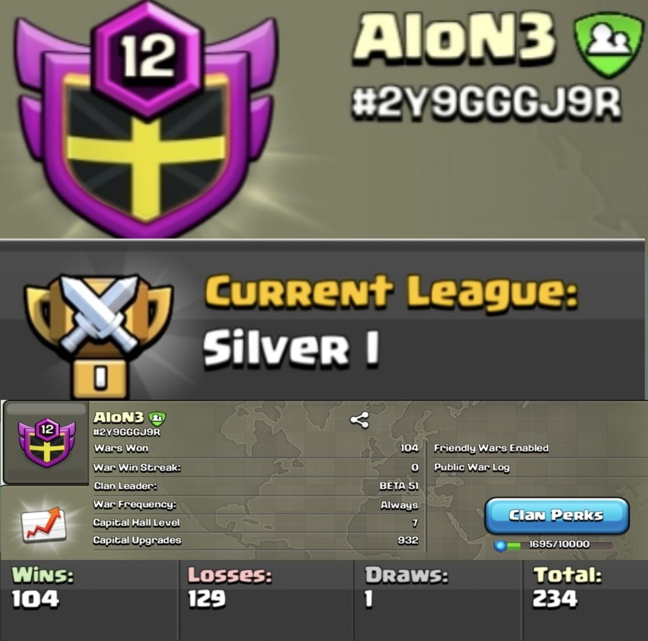 Level 12 clan || clan capital 7 || silver 1 || name - AloN3