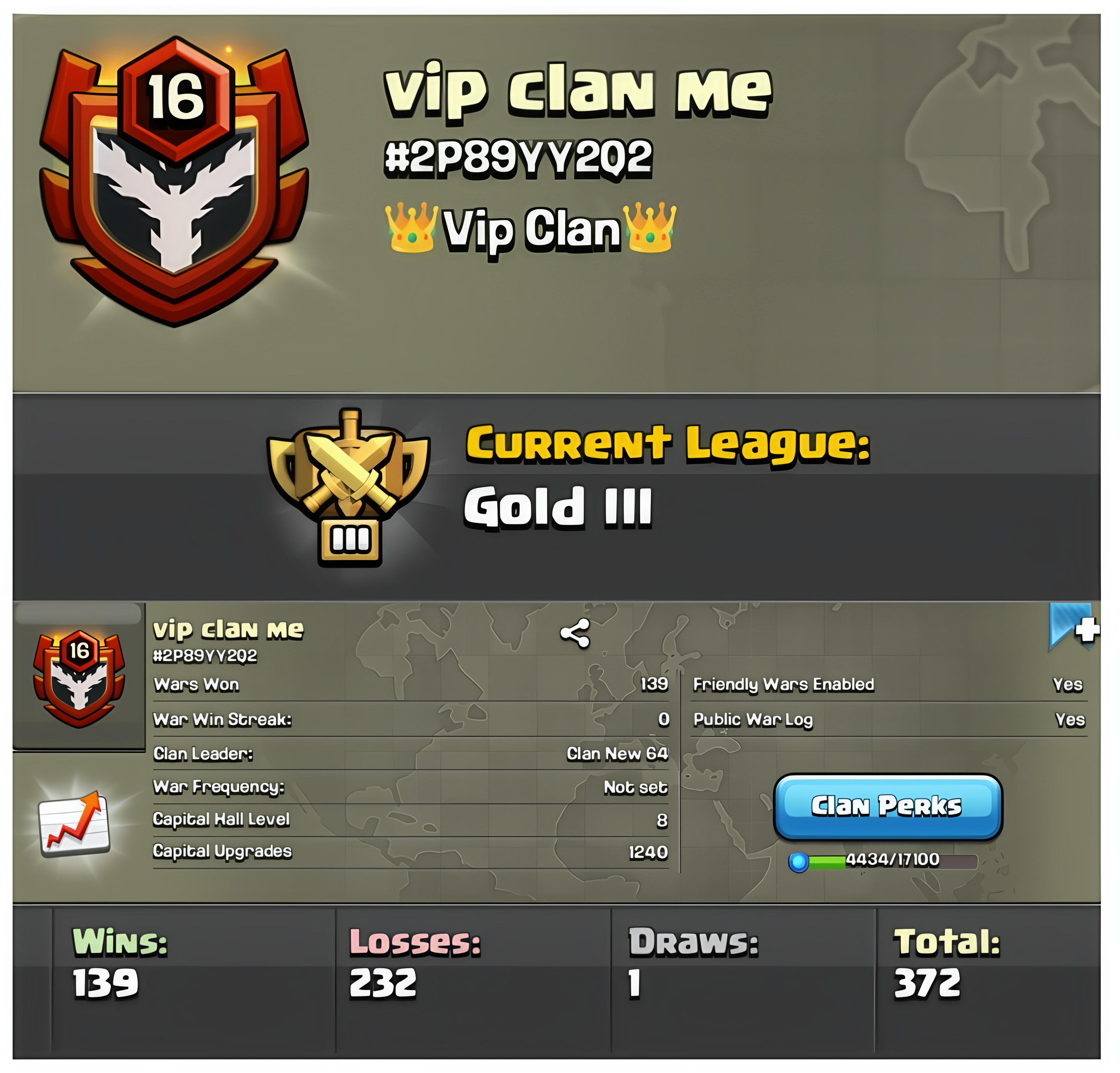 Vip Lvl 16 Clan | Gold League 3 | Good Warlog | Clan Capital 8 | Value for Money Deal!