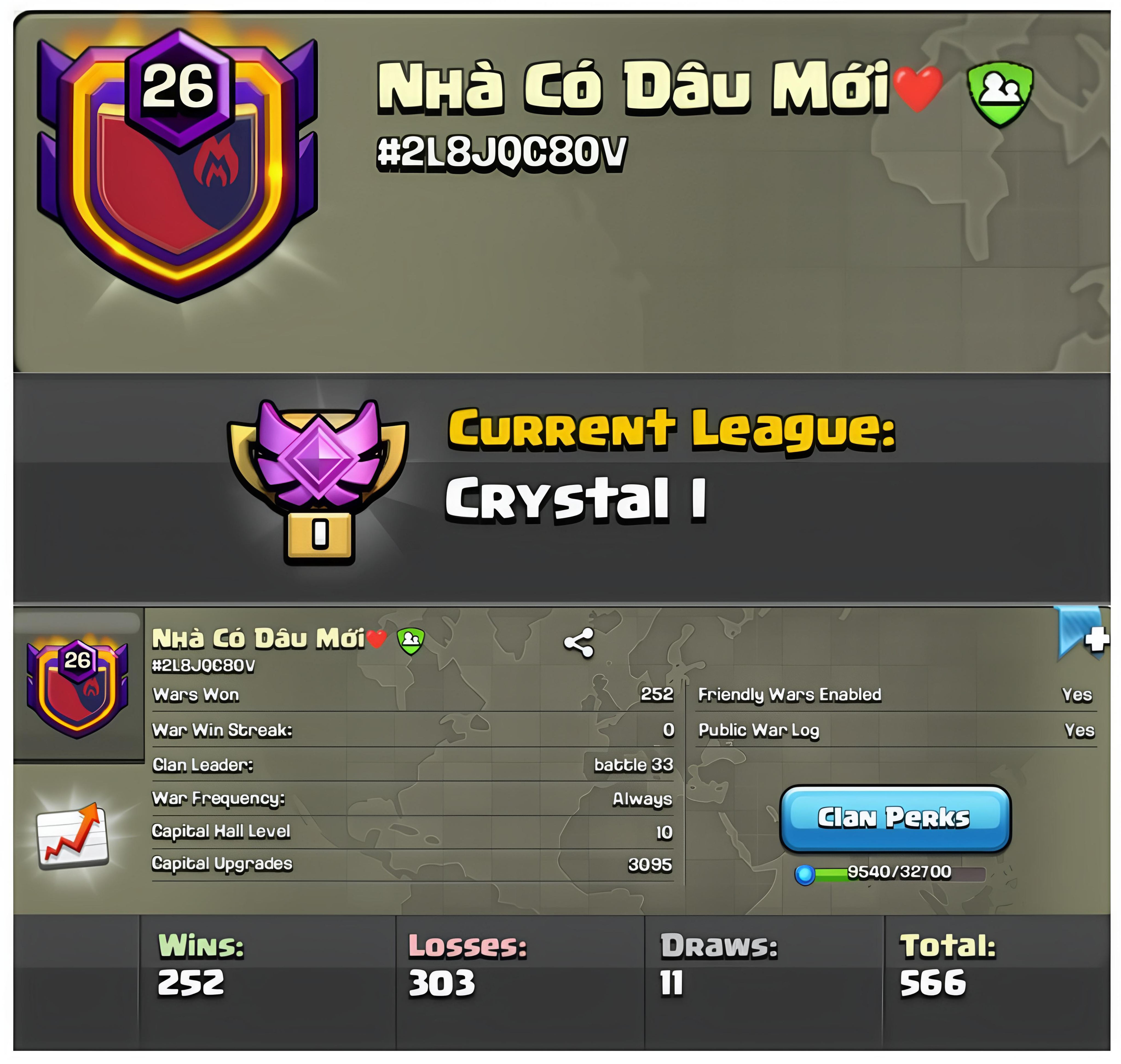 CHEAPEST] Lvl 26 Clan | Crystal League 1 | Wins 252 Losses 303 | Clan Capital 10 | Value for Money Deal!