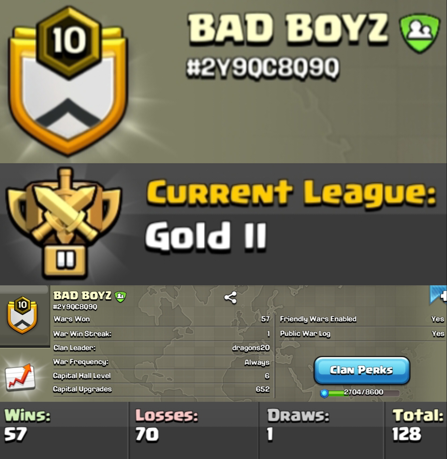 Level 10 clan || clan capital 6 || gold 2 || name - BAD BOYZ
