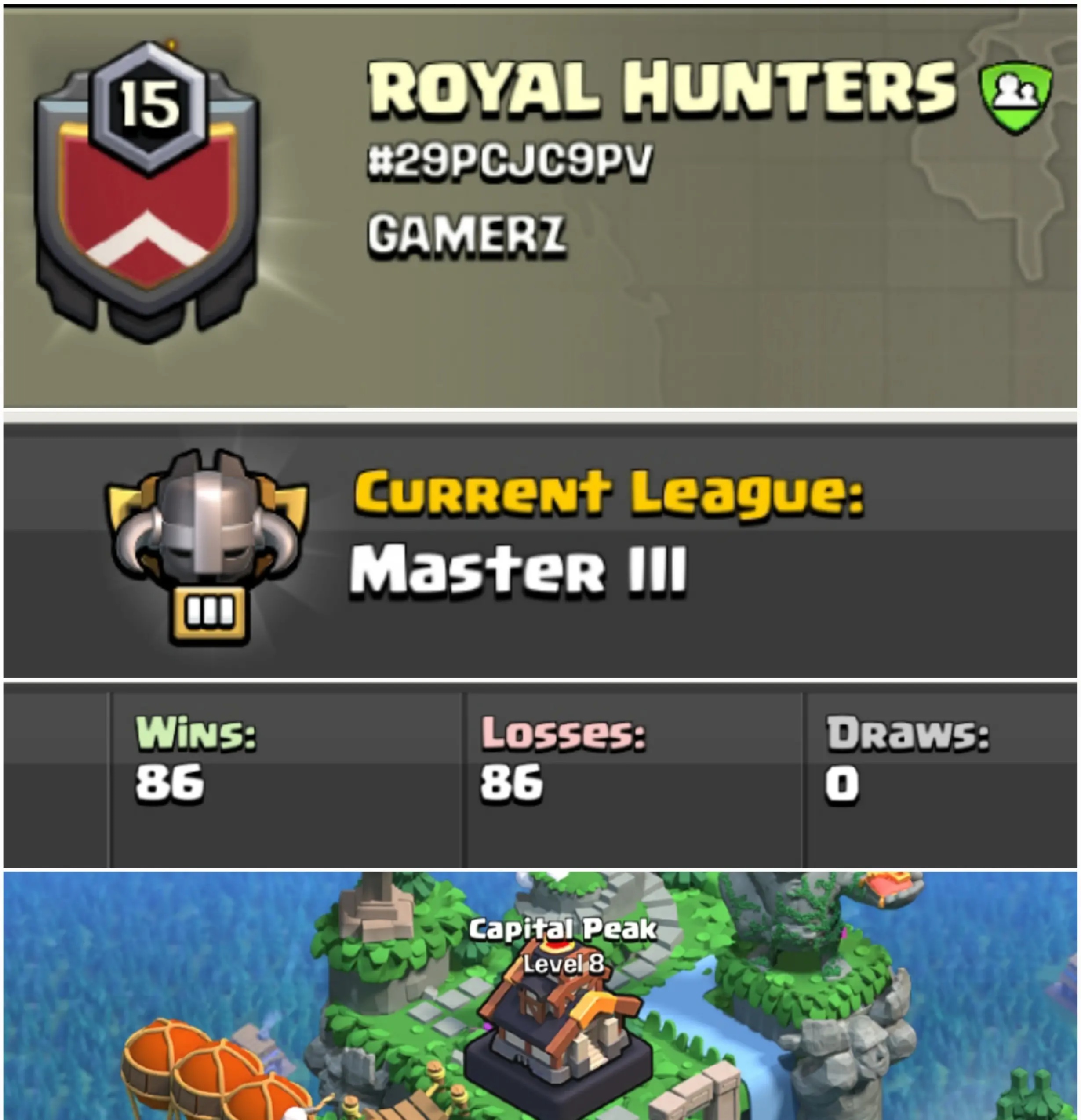 ROYAL HUNTERS !! LEVEL 15 !! MASTER 3 LEAUGE !! FULL ACTIVE CLAN !! WIN 86 LOSS 86 !! CAPITAL PEAK 8 !! AFFORDABLE !! FAST DELIVERY
