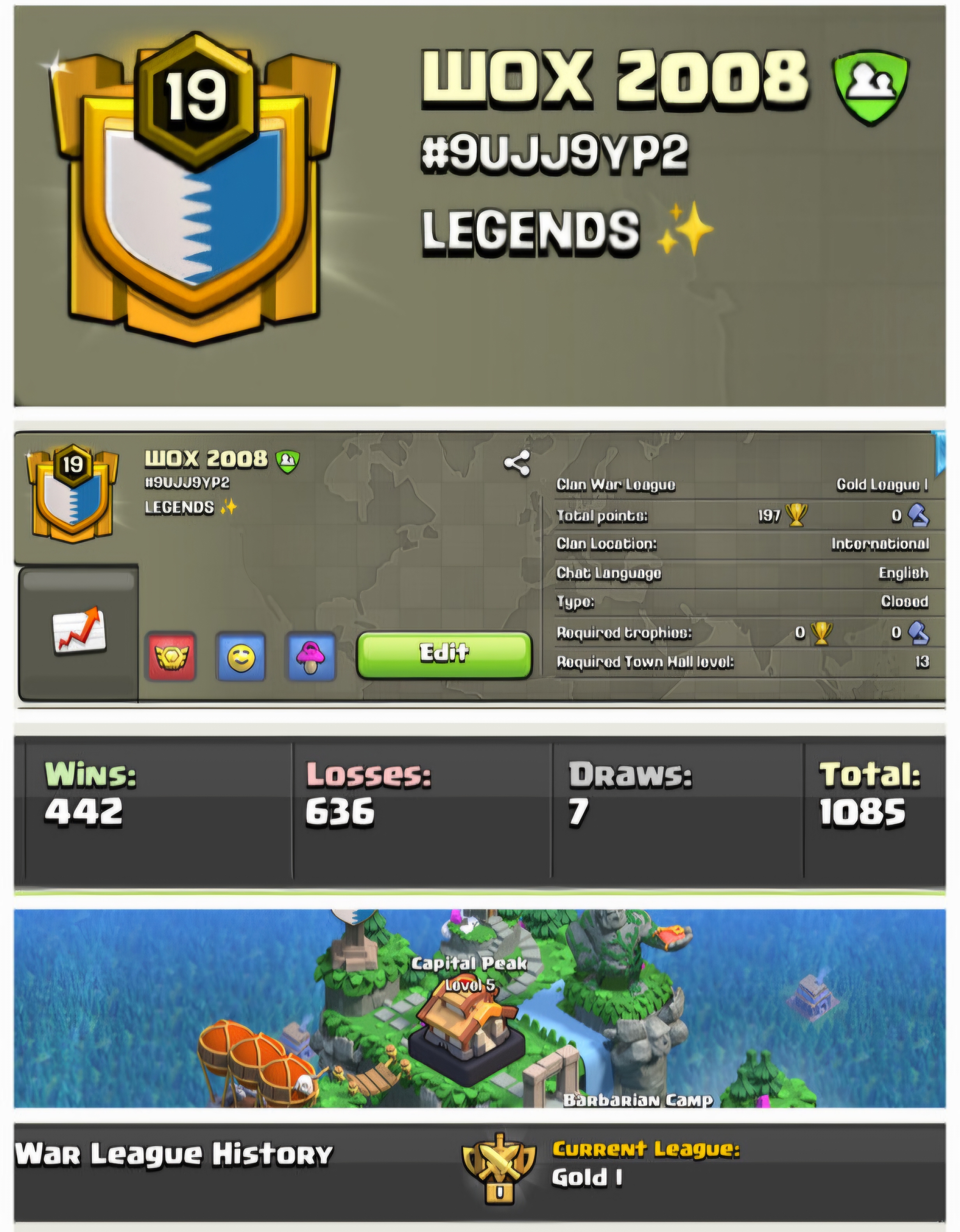 WOX 2008 !! LEVEL 19 !! WIN 442 LOSS 636 !! CAPITAL PEAK 5 !! PERFECT NAME !! GOLD 1 !! AFFORDABLE !! FAST DELIVERY