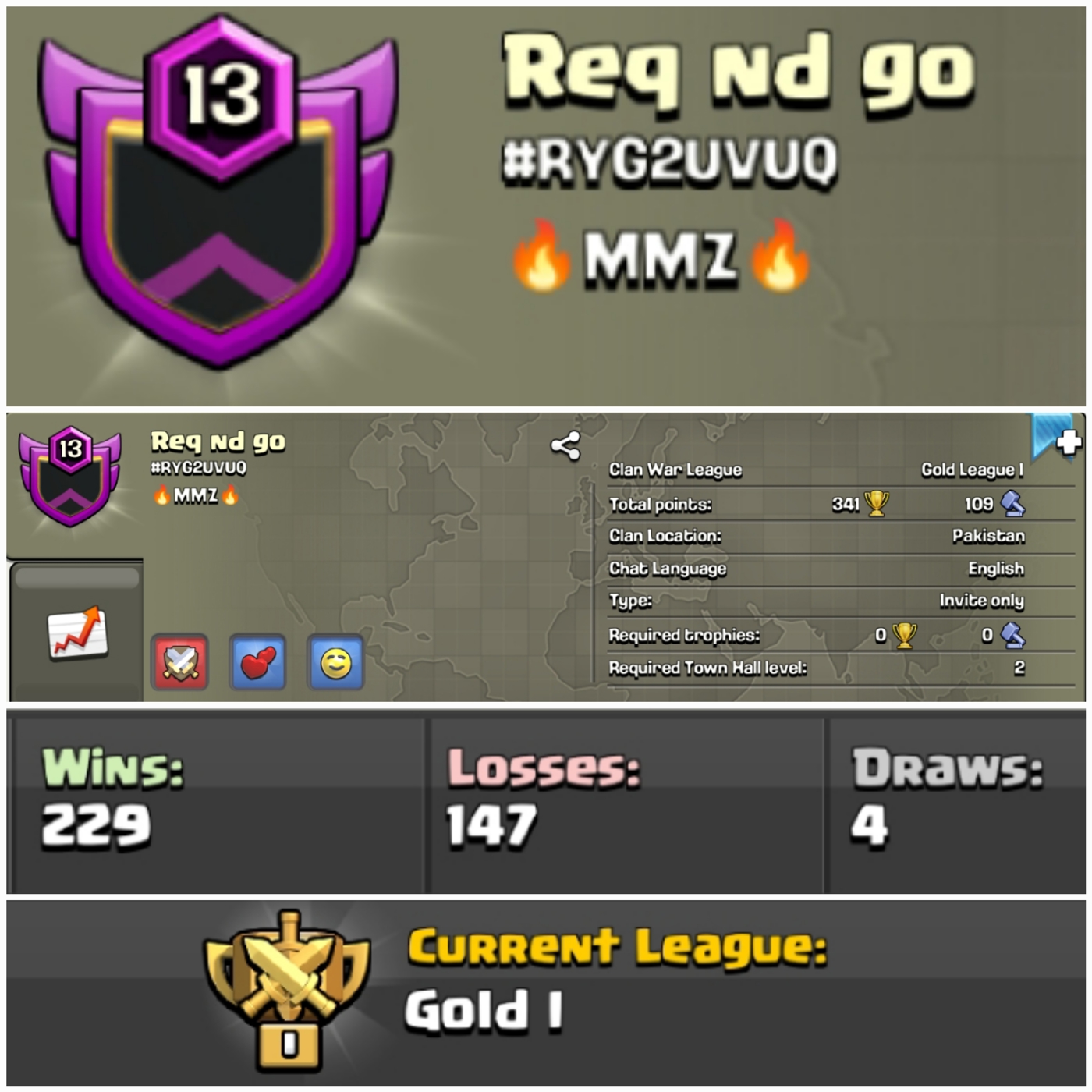 Req nd Go !! LEVEL 13 !! WIN 229 LOSS 147 !! GOLD 1 !! BEST CLAN !! DEMANDING NAME !! AFFORDABLE !! INSTANT DELIVERY