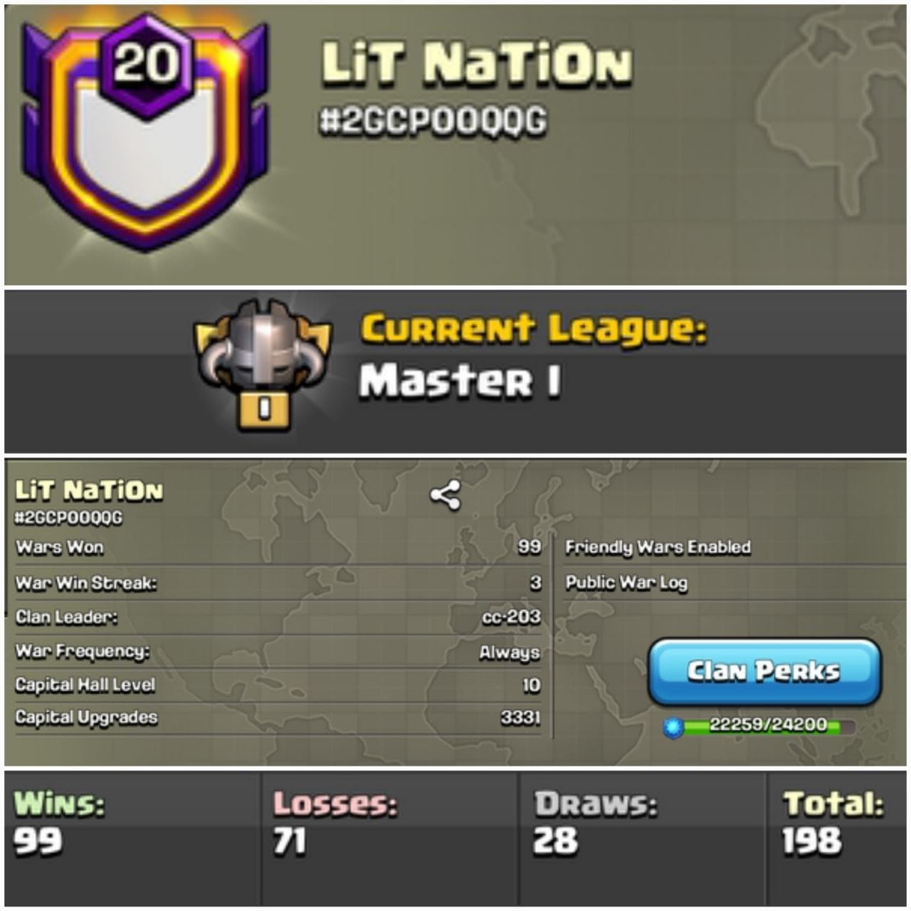 Level 20 clan || master 1 || clan capital 10 maxed || warlog 99-71 || name - LiT NaTiOn