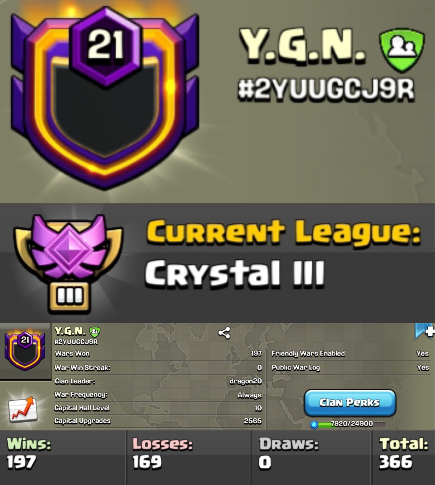 Level 21 clan || clan capital 10 || crystal 3 || warlog 197-169 || name - Y.G.N