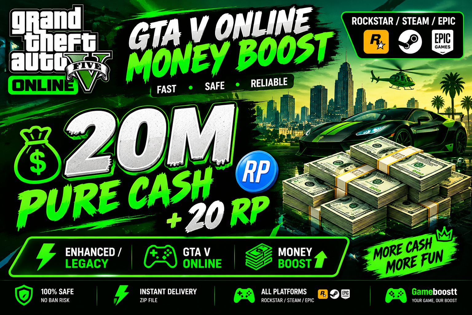 💰 20M Pure Cash + 20 RP • Enhanced/Legacy • Rockstar/Steam/Epic • GTA V Online 💸 Money Boost